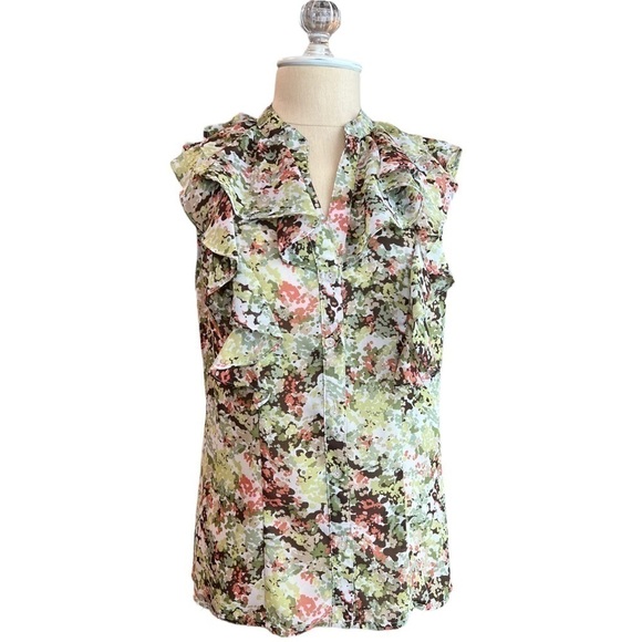 Sunny Leigh Floral Green Coral White Button Down Flowy Chiffon Blouse in Medium - Picture 3 of 10